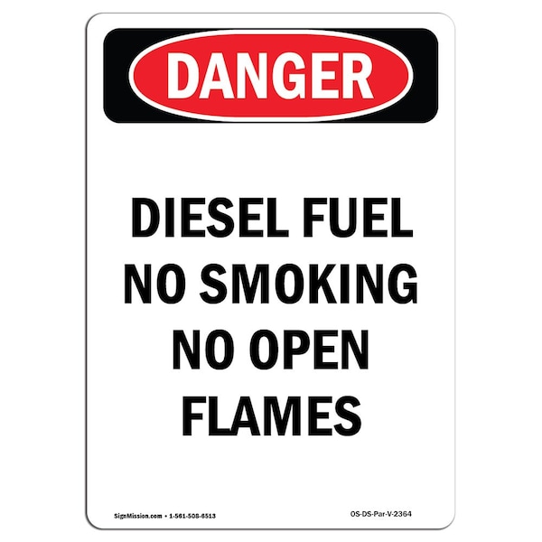 OSHA Sign, Diesel Fuel No Smoking No Open Flames, 18in X 12in Rigid Plastic, 12" W, 18" L, Portrait